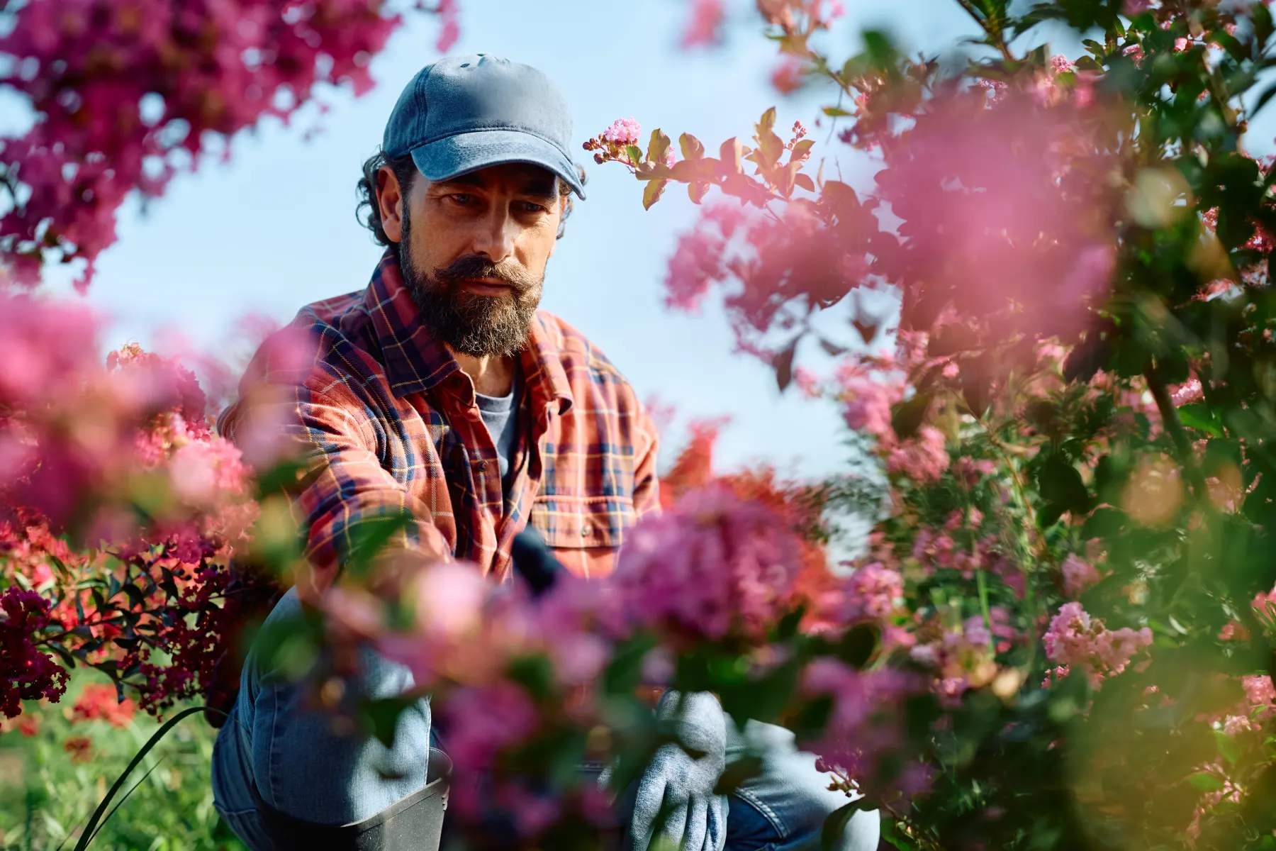 Fleuriste sélectionnant des fleurs dans son atelier