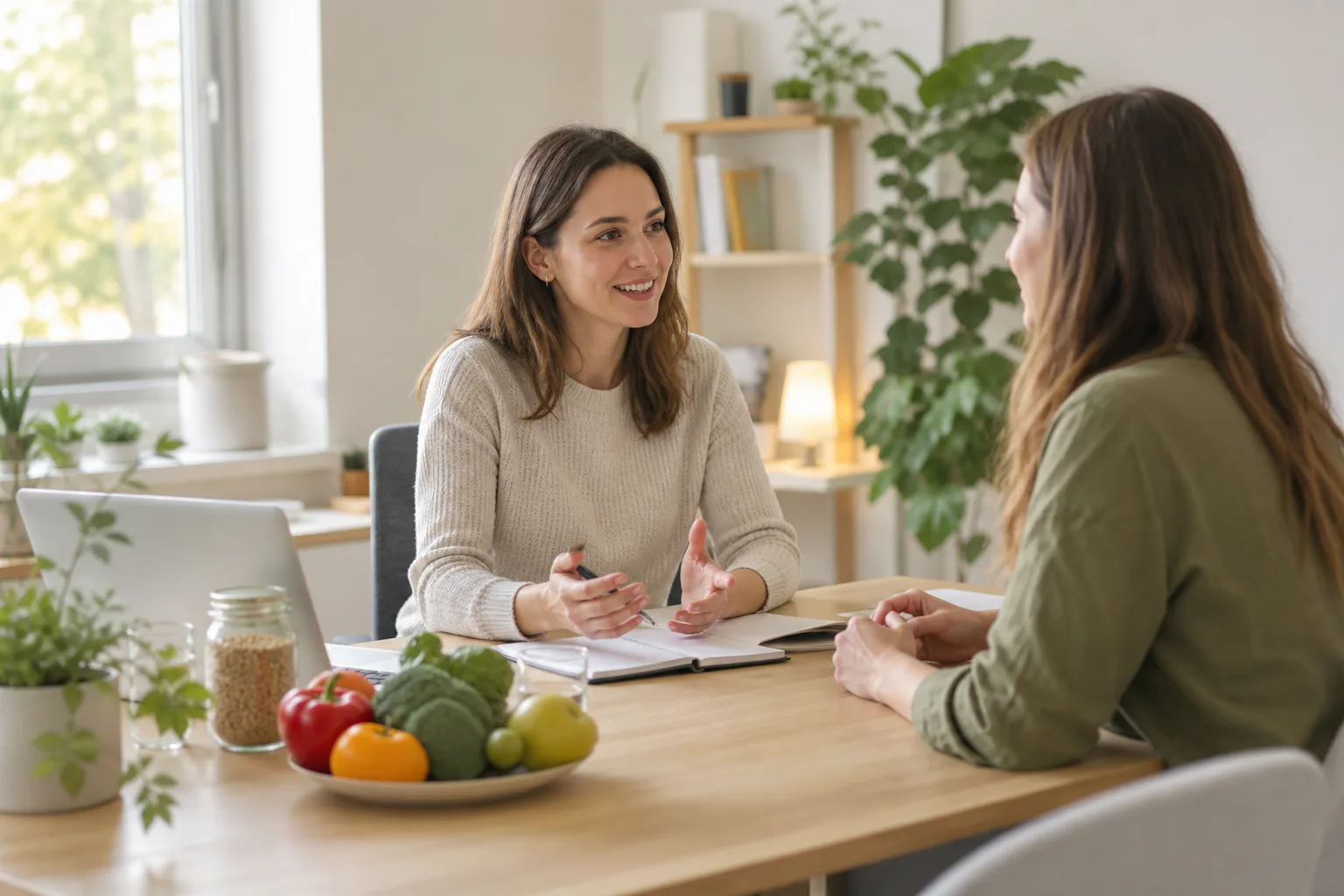 Nutritionniste échangeant avec une cliente pendant une consultation