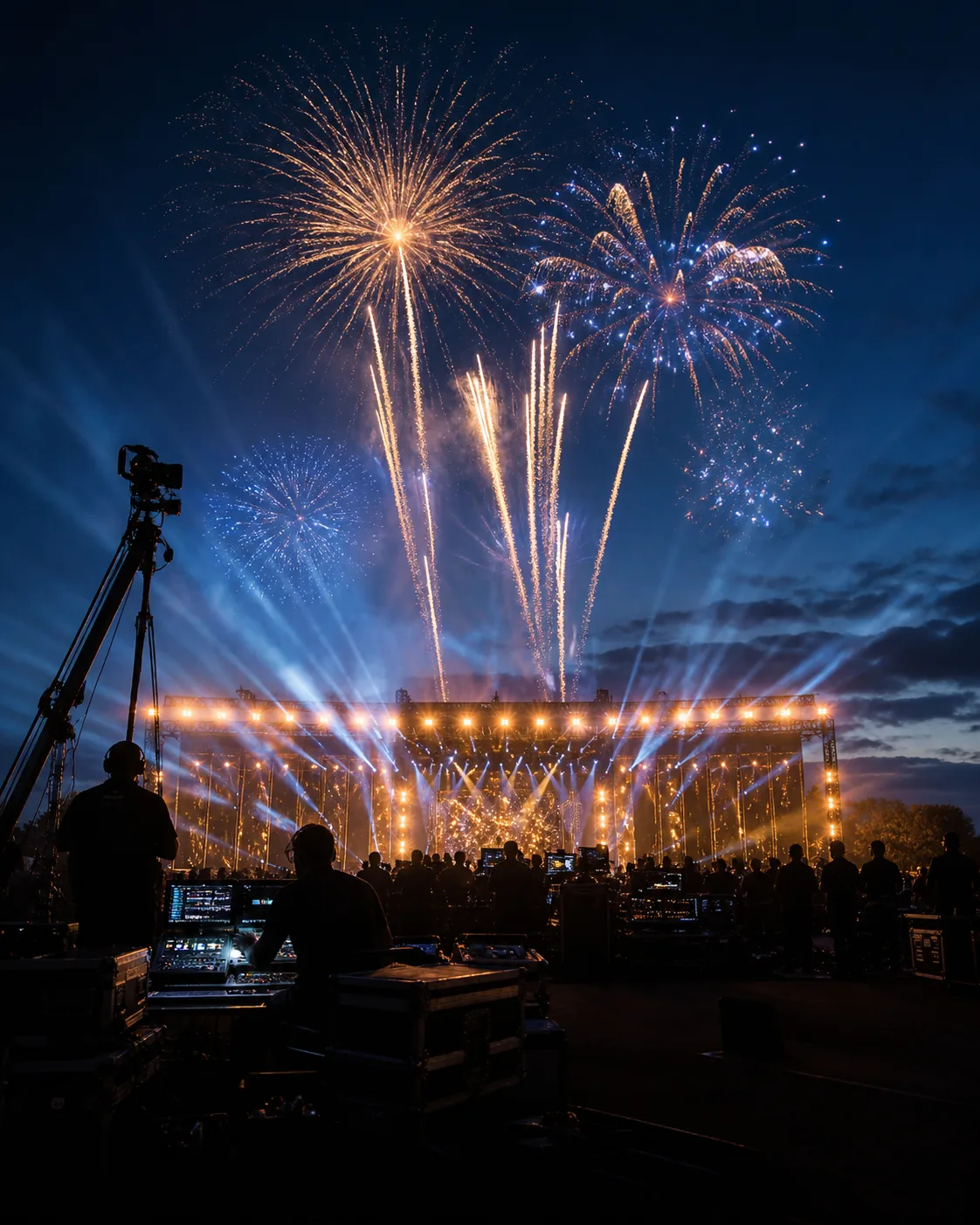 Régie technique, scène éclairée et feu d’artifice lors d’un événement