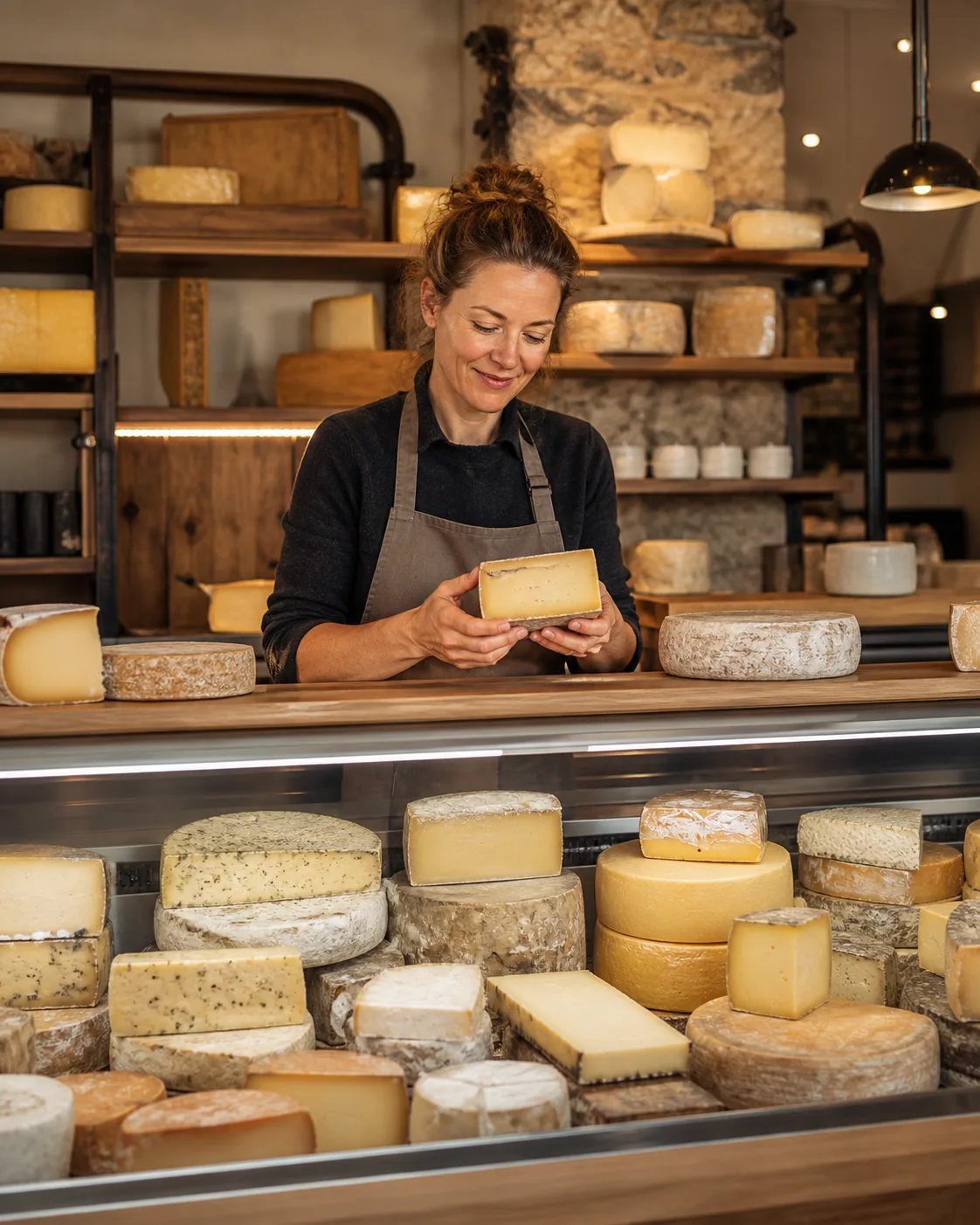 Fromagère présentant les produits d’une fromagerie artisanale