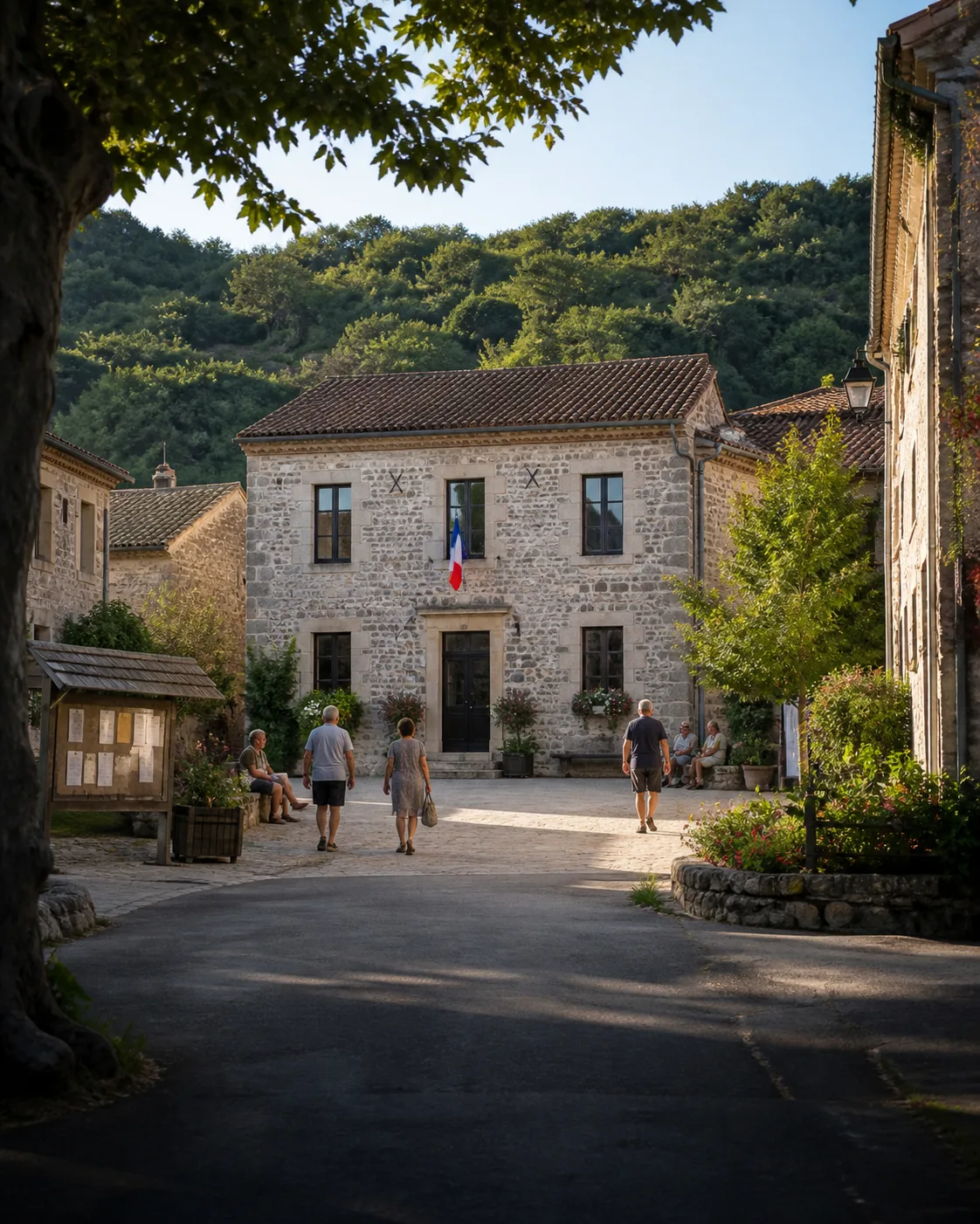 Mairie et place d’un village rural évoquant les services de proximité